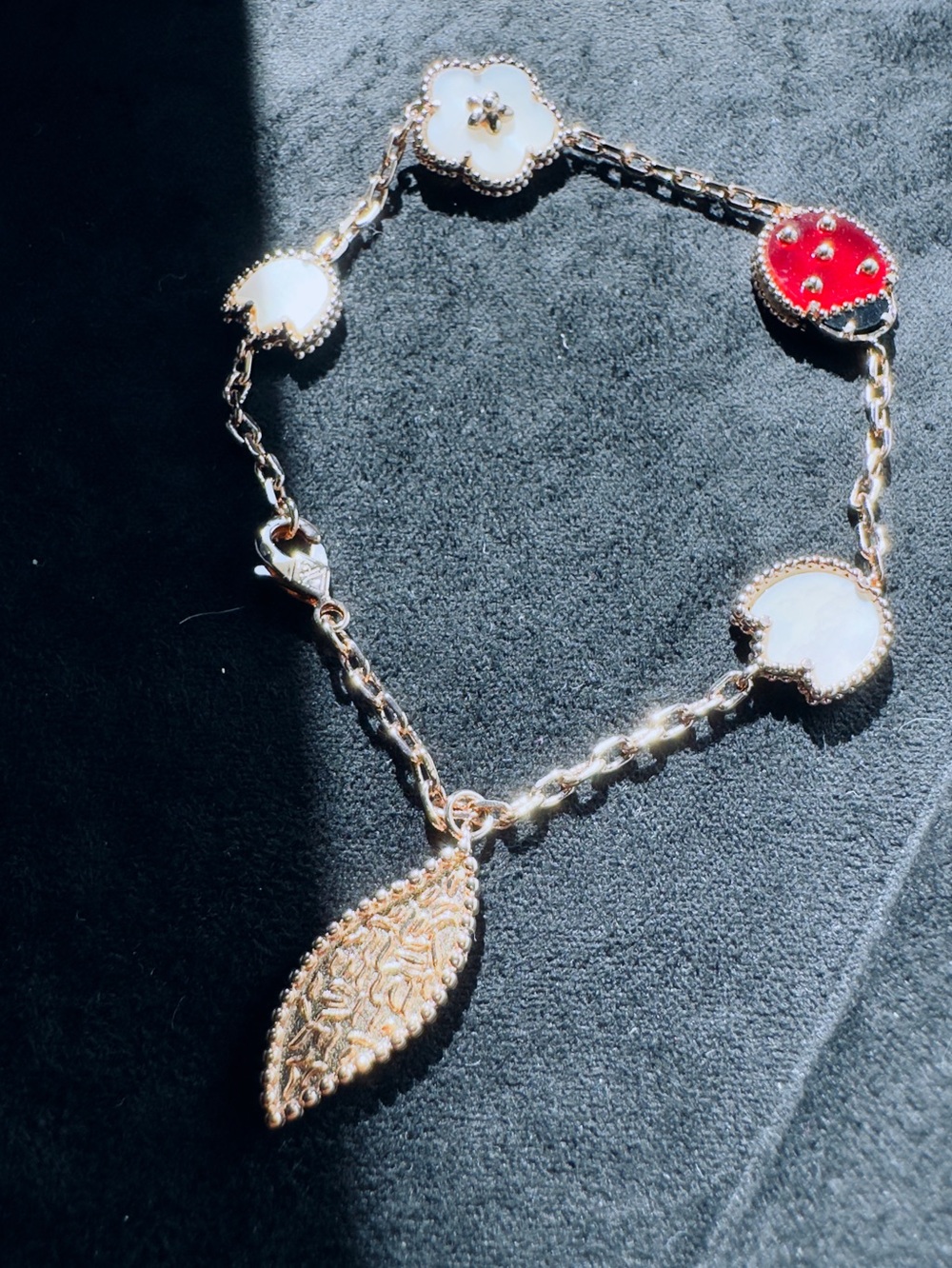 Gold Chain Bracelet with White mother of pearl and Red Stone Floral Motifs